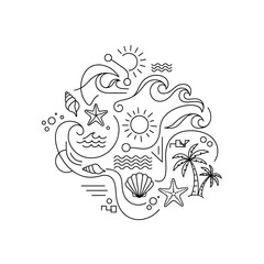 Fototapeta premium Minimalist Beach Vacation Icon: Waves, Sun, Palm Trees, Shells