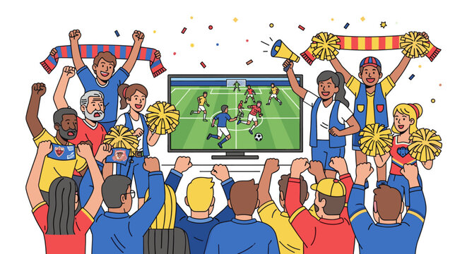 Happy man and woman group watching soccer match on television screen. Sports fans cheering during game tournament. Flat style concept vector illustration for banner poster layout