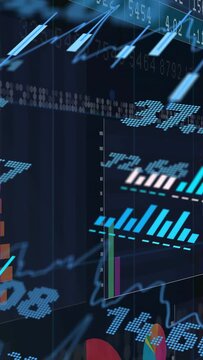 Vertical video: Camera panning, data panels shifting and updating bars and tickers for live market