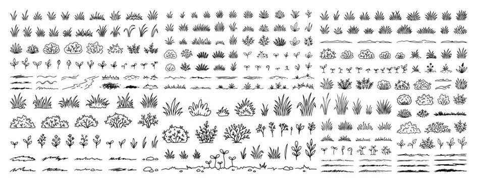 Large collection of vegetation and landscaping elements including grass and shrubs in linear sketch style