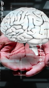 Vertical video: Glitching buffer starting hands entering, floating 3D brain rotating, showing data