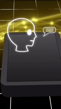 Vertical video: Faint head outline appearing on platform glowing speaking then passing to AI brain