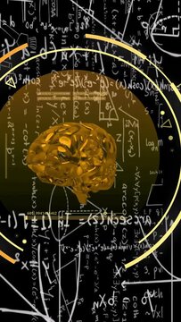 Vertical video: Gold 3D brain appearing in HUD rotating tilting rings shifting visualizing math
