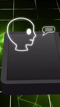 Vertical video: Bubble appearing, head glowing and AI brain emerging, answering query on neon grid