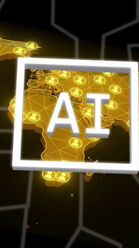 Vertical video: Neon frame sliding in, causing AI letters forming over Africa map, showing network