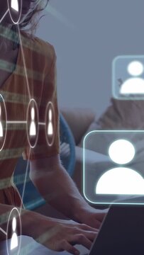 Vertical video: Tech lines sweeping, woman typing, tapping phone, icons overlaying hands for team