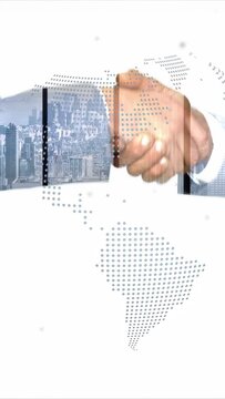 Vertical video: Partners meeting from sides clasping as dot map sliding across arms sealing deal