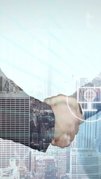 Vertical video: Woman and man clasping hands meeting, activating UI icons and skyline, closing deal