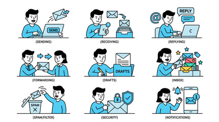 Fototapeta premium Comprehensive collection of professional vector illustrations showcasing common email communication tasks such as sending, receiving, replying, forwarding, drafts, inbox, spam filter, and security