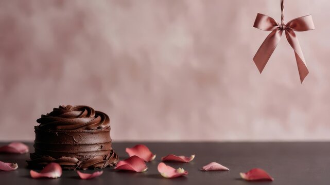 Chocolate cake slice with ribbon gift topper on dark rustic table romantic dessert setup