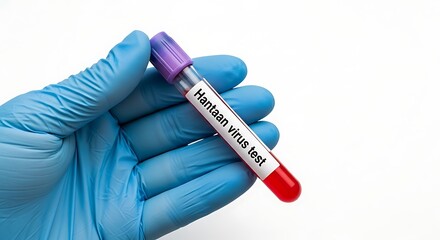 Obraz premium Gloved hand holding Hantaan virus test blood sample tube with purple cap and label