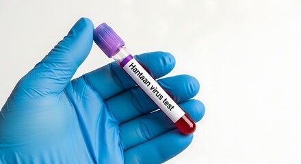 Obraz premium Gloved hand holding Hantaan virus test tube with purple cap and red liquid