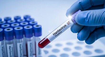 Naklejka premium Gloved hand holding Hantavirus Positive blood test tube in laboratory setting with blue caps