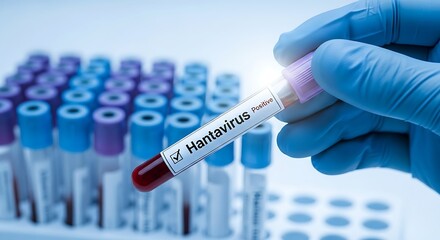 Naklejka premium Medical professional holding Hantavirus positive blood test tube with gloved hand in laboratory setting