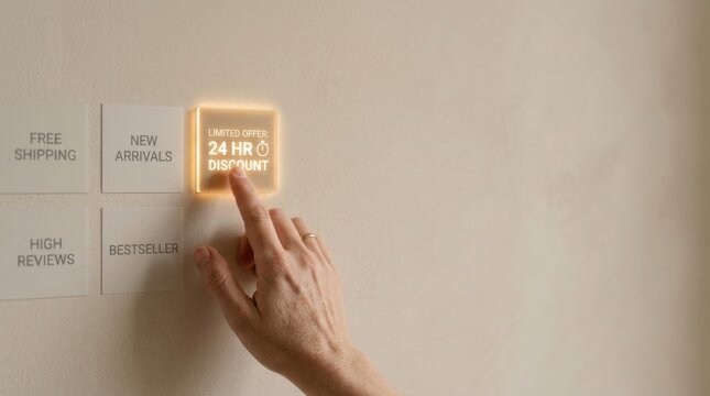 Person's hand pressing a button on a wall to activate customer decision trigger in retail context