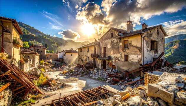 Destroyed village houses after natural disaster with rubble and debris scattered