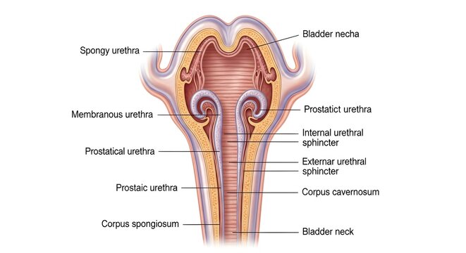 Male Urethra and Sphincter Complex: Coronal Section Through Bladder Neck, Prostatic, Membranous and Spongy Urethra, Internal and External Urethral Sphincters and Surrounding Corpus Spongiosum and Cave