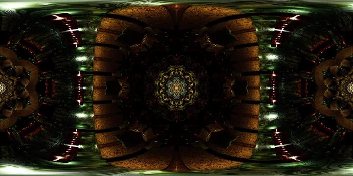 Spiritual VR 360 sacred geometry mandala rendered as equirectangular environment map and HDRI spherical loop for dome projection, metaverse temples and immersive VJ visuals