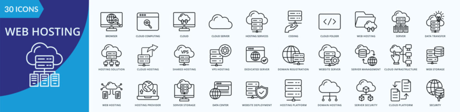 Web Hosting Icon Set Illustration Vector Outline Style with web browser, browser, cloud computing, cloud