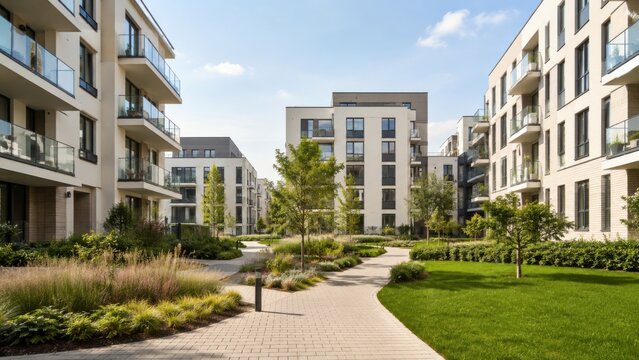 Contemporary Apartment Courtyard With Green Landscaping