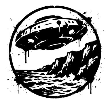 UFO flying saucer hovering over ocean cliffs in grungy ink splatter style