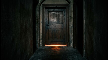Obraz premium Closed wooden door at end of dark hallway with light leaking below. Halloween suspense concept.