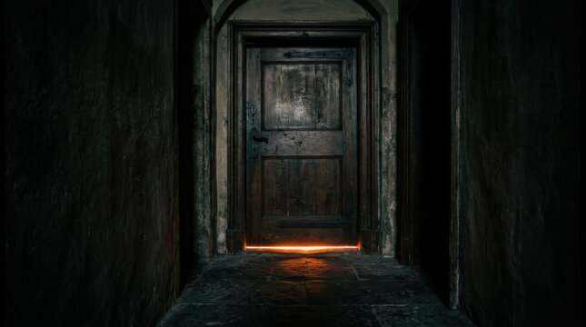 Closed wooden door at end of dark hallway with light leaking below. Halloween suspense concept.
