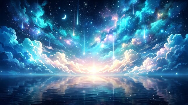 
Stardust Aurora: A fantastical meteor shower reflected on the water's surface and the glow of the sky.