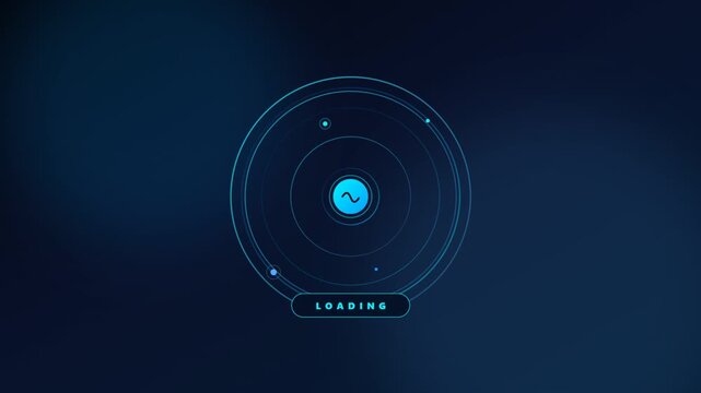 A futuristic loading animation appears on a dark blue background