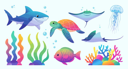 Obraz premium Set of cute marine animal including shark, sea turtle, jellyfish, fish, stingray and coral reef. Underwater life collection. Color vector illustration for kids design project