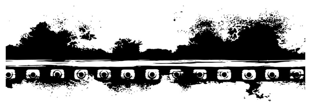 Abstract landscape silhouette with surreal repeating eye patterns in grunge style