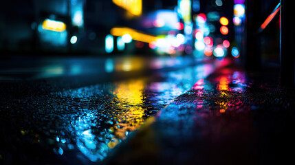 Fototapeta premium Neon reflections on wet city street at night with blurred traffic lights vivid urban glow rain soaked pavement for nightlife travel energy mystery technology background design themes