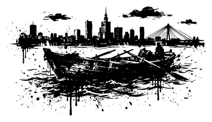 Rowing boat on water with a city skyline backdrop in a grungy ink style © UrbanDruid