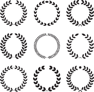 Create Set black silhouette circular laurel foliate, wheat and oak wreaths depicting an award, achievement, heraldry, nobility on white background. Emblem floral greek branch flat style victor on whit