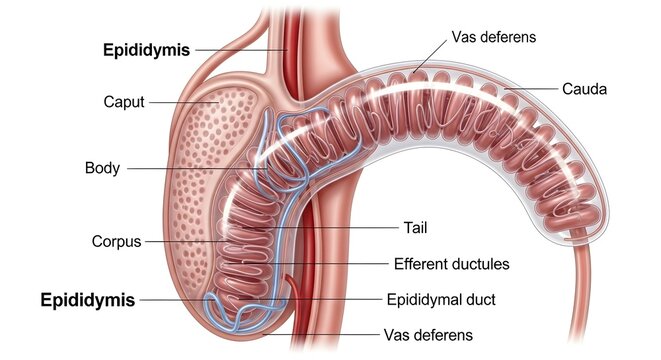Epididymis and Vas Deferens Anatomy: Detailed View of Caput, Corpus and Cauda Regions, Coiled Epididymal Duct, Efferent Ductules and Continuation into the Vas Deferens Highlighting the Path of Sperm M