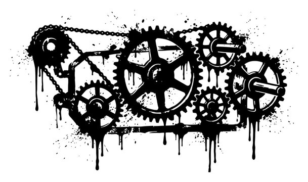 Gears and chain mechanism with ink drips and splatters in a grungy industrial style