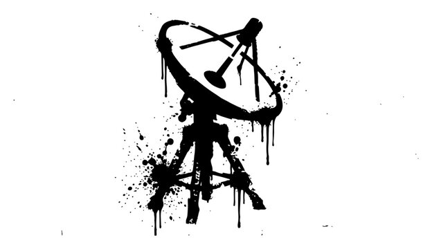 Satellite dish antenna on a tripod with ink drips in a grungy tech style