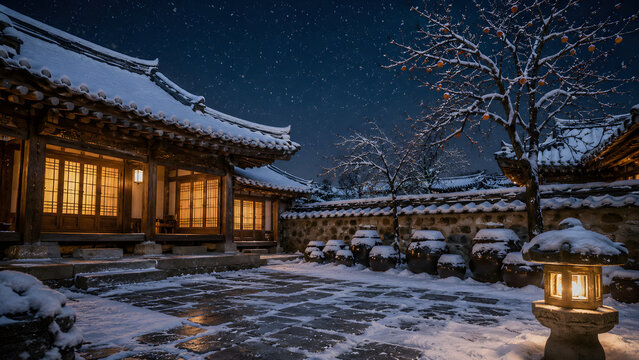 Snowy Hanok Winter Night &ndash; Stone Lantern Persimmon Tree Korean Traditional House