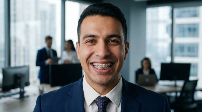 Smiling businessman with braces in a modern office. Professional man looking at camera during workday.