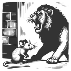 Obraz premium roaring lion facing a small mouse, symbolizing courage, fear, power, and contrast sketch engraving generative ai fictional character vector illustration. Scratch board imitation. Black and white image