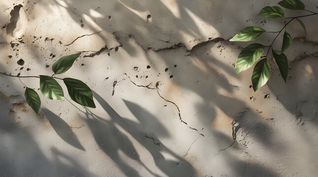 Rough architectural limewash concrete wall texture background with natural organic botanical leaf shadows
