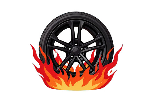 Black Car Wheel Engulfed in Flames Vector Illustration Isolated on Transparent Background