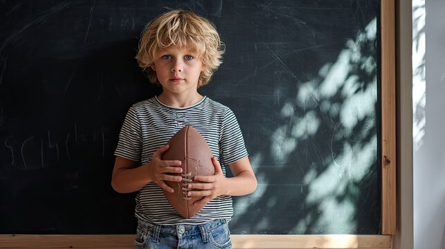Young Boy Holding Football Standing by Blackboard, School Life and Children's Sports Education, Indoor Natural Light Scene