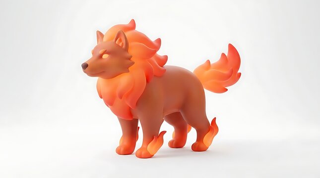 A stylized 3D render of a mythical creature resembling a fox or wolf with fiery orange mane and tail, standing against a white background.