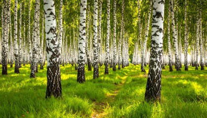 Naklejka premium A serene forest scene with birch trees and lush green grass