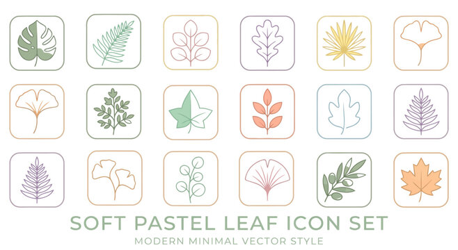 Soft Pastel Leaf Icons Set: Minimalist Botanical Illustrations on Transparent Background