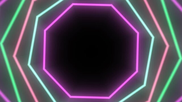 Abstract Neon Octagon Tunnel Animation with Glowing Geometric Shapes.