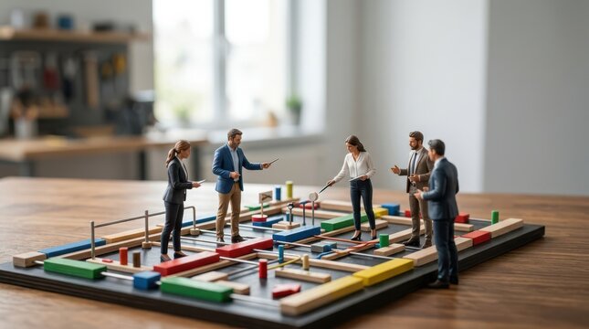 Miniature business strategy tiny figures on colorful maze board representing problem solving and teamwork