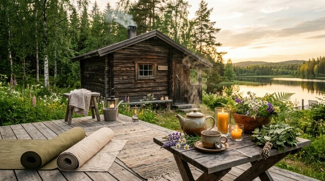 Cozy wooden sauna cabin by a serene lake at sunset with tea and flowers