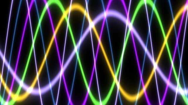 Abstract Neon Wave Patterns Intersecting on Black Background.